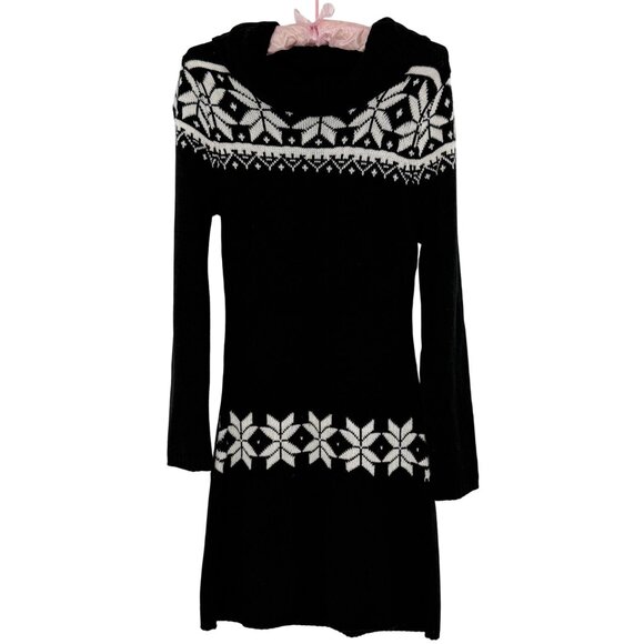 Black & White Fair Isle Cowl Neck Mini Sweater Dress | Nordic Cottagecore Cozy M - Picture 13 of 16